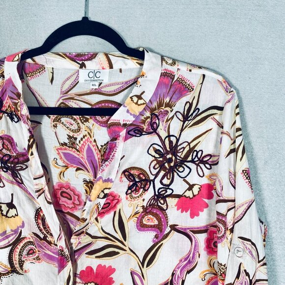 CC Chic Connection Top Womens XL Pink Cotton Floral Button Up Shirt - Picture 4 of 12